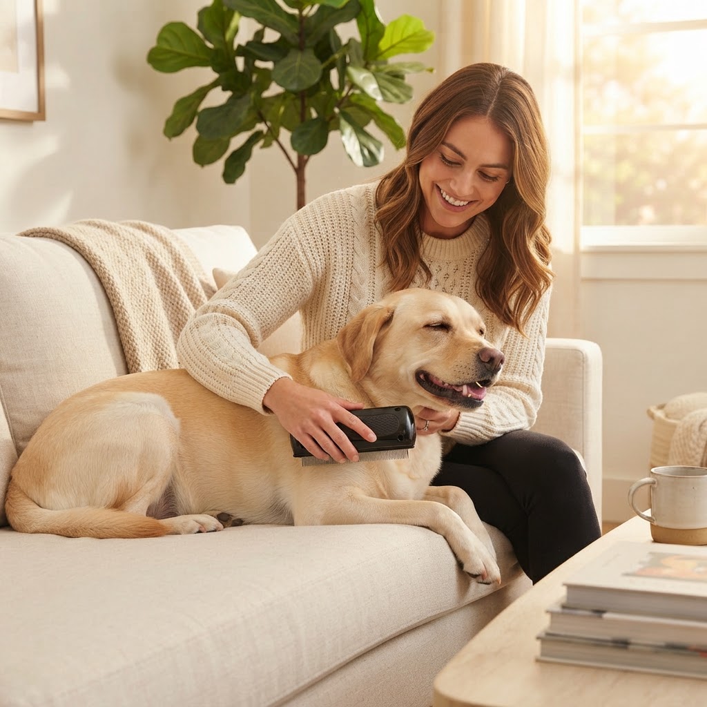 Pet Grooming Comb held by a woman brushing her yellow Labrador on a clean sofa