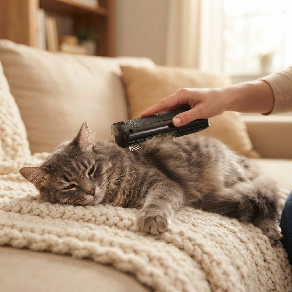 Pet Grooming Comb brushing a relaxed grey tabby cat on a cream blanket