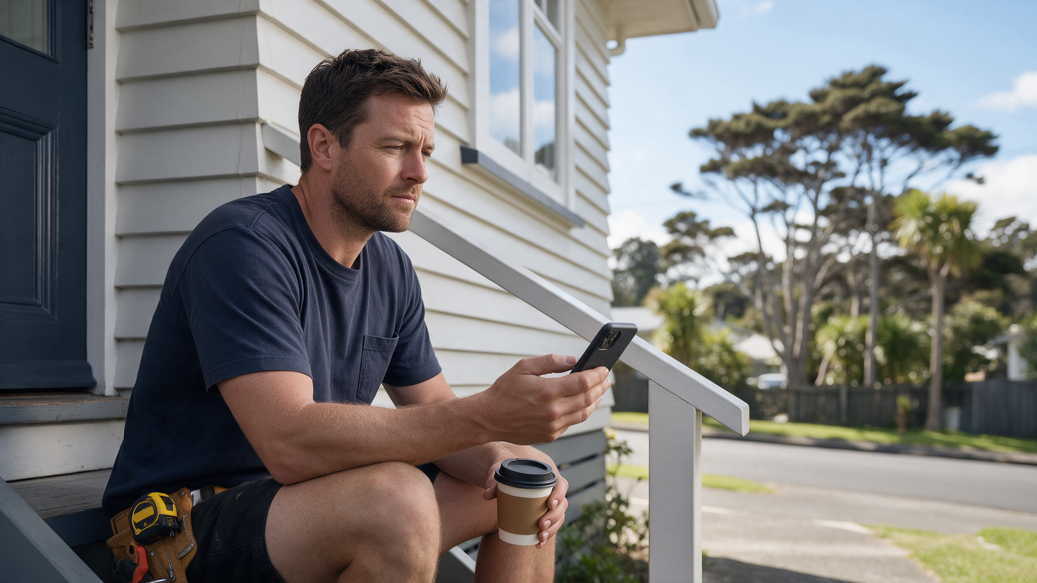 A New Zealand electrician sitting on the back steps of his weatherboard home with a coffee, looking at his phone