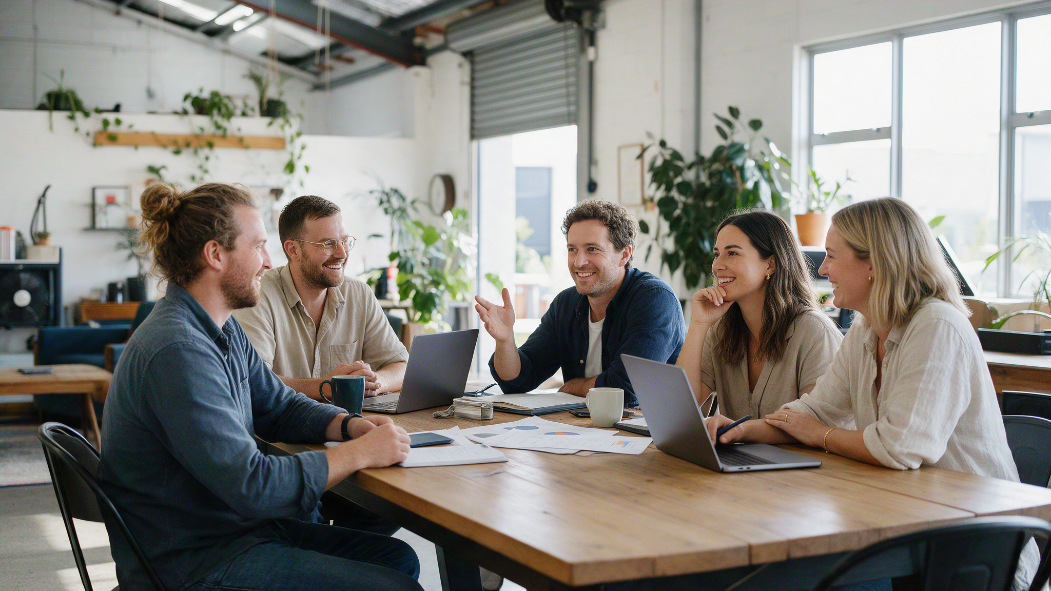 A small New Zealand business team of five having a relaxed morning meeting around a large timber table in a bright warehouse-style office