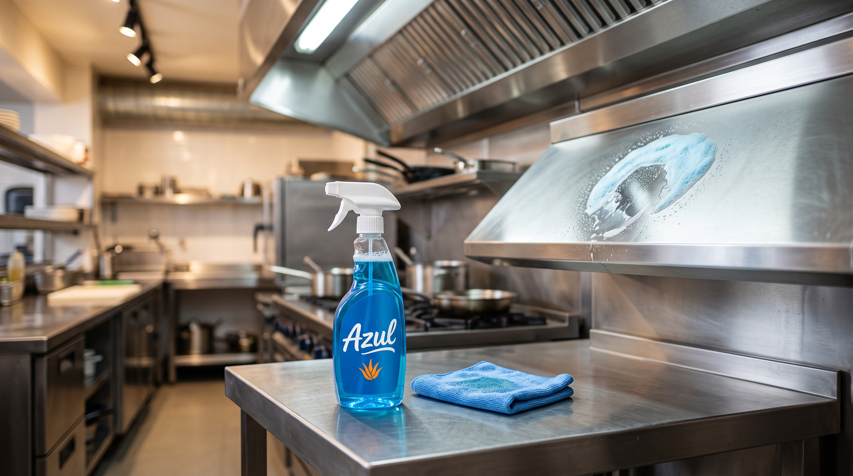 Limpiador Azul concentrado aplicado en campana extractora de cocina industrial
