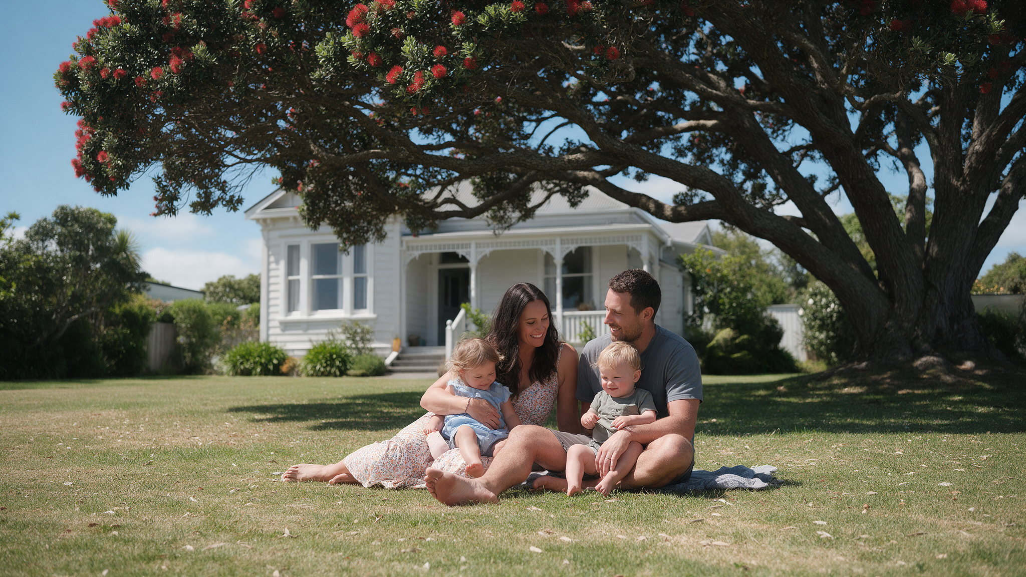 A young New Zealand family on the lawn of their white weatherboard villa under a pohutukawa tree
