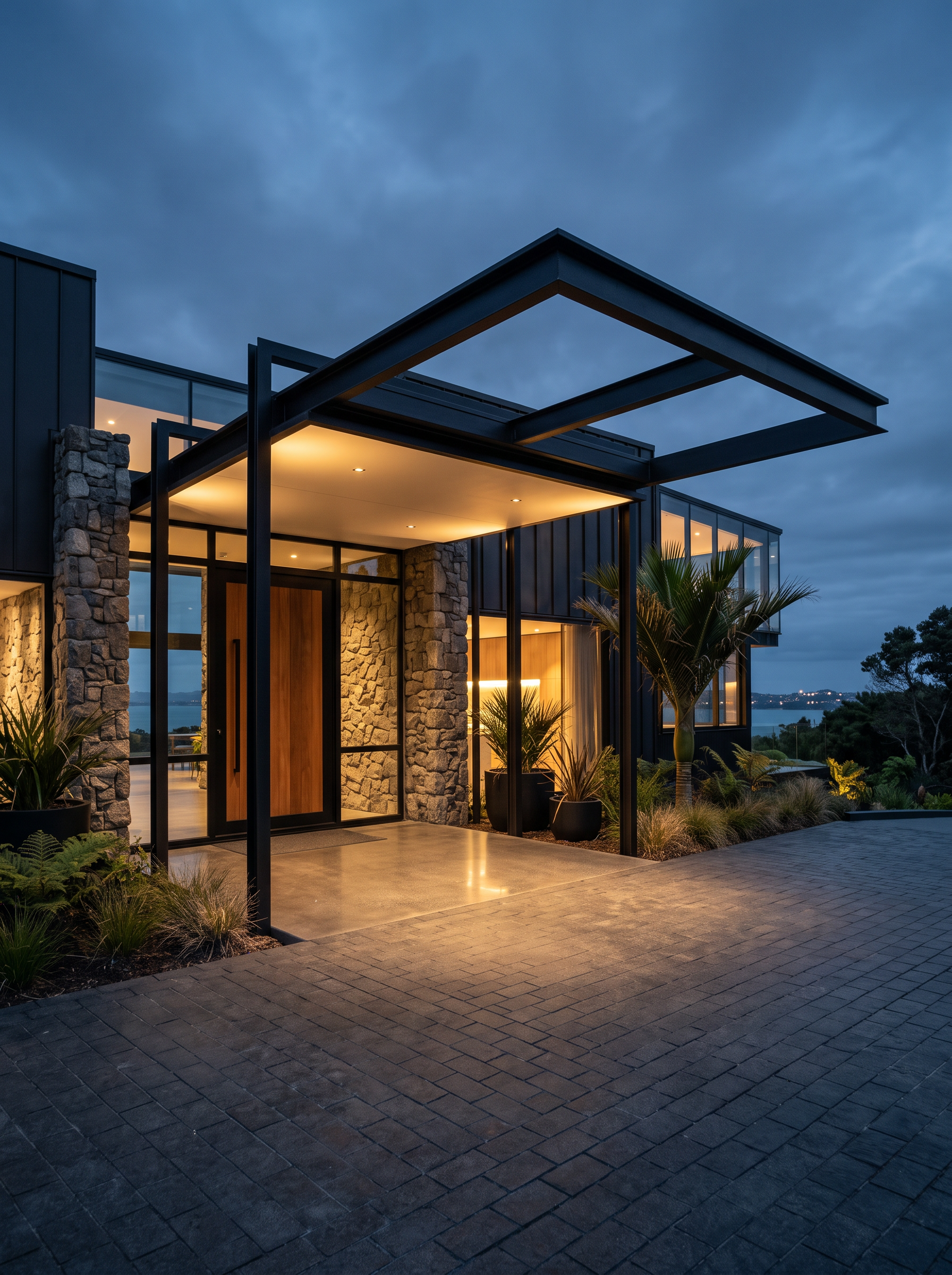 Blackened-steel entrance canopy over a commercial building entrance at dusk