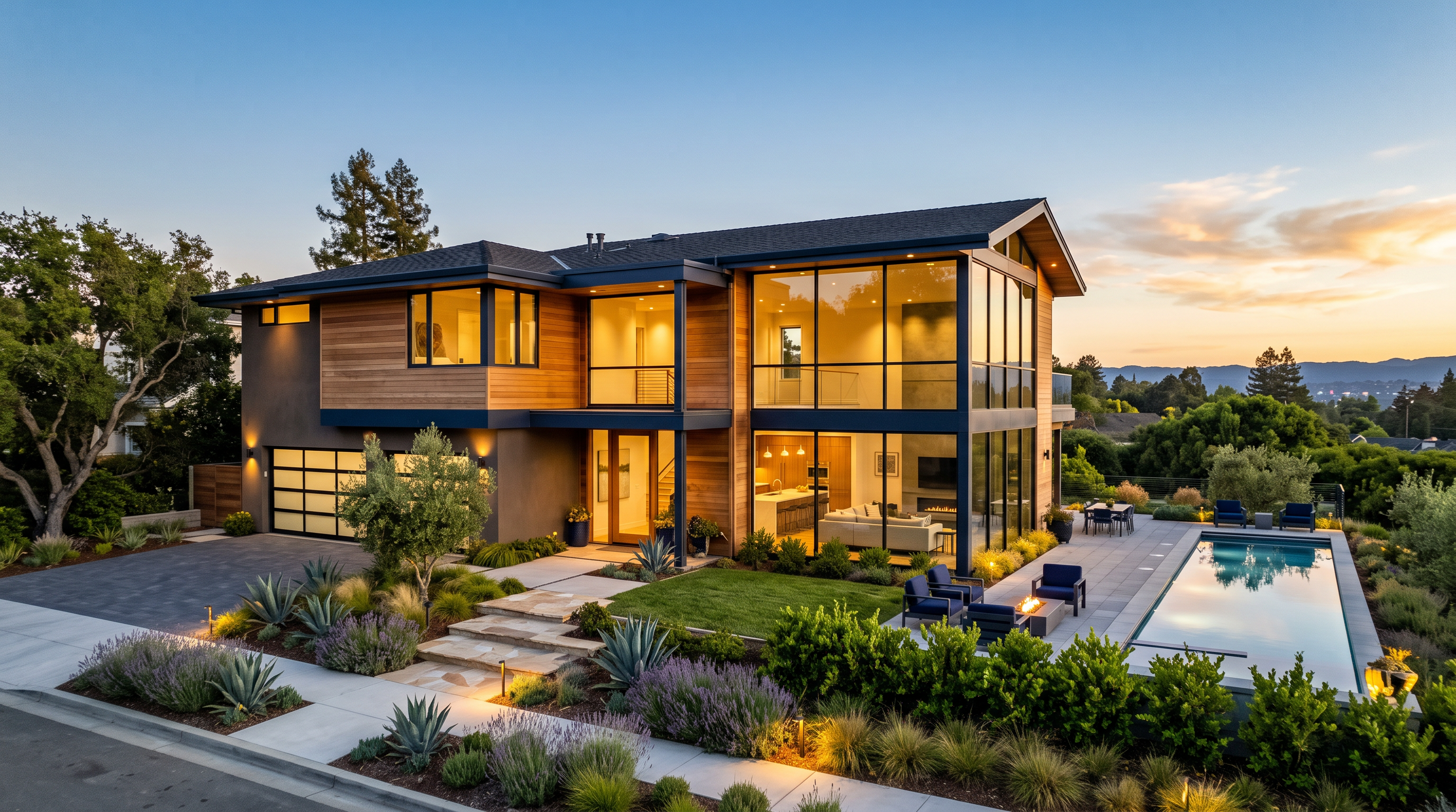 Modern Bay Area home exterior at golden hour
