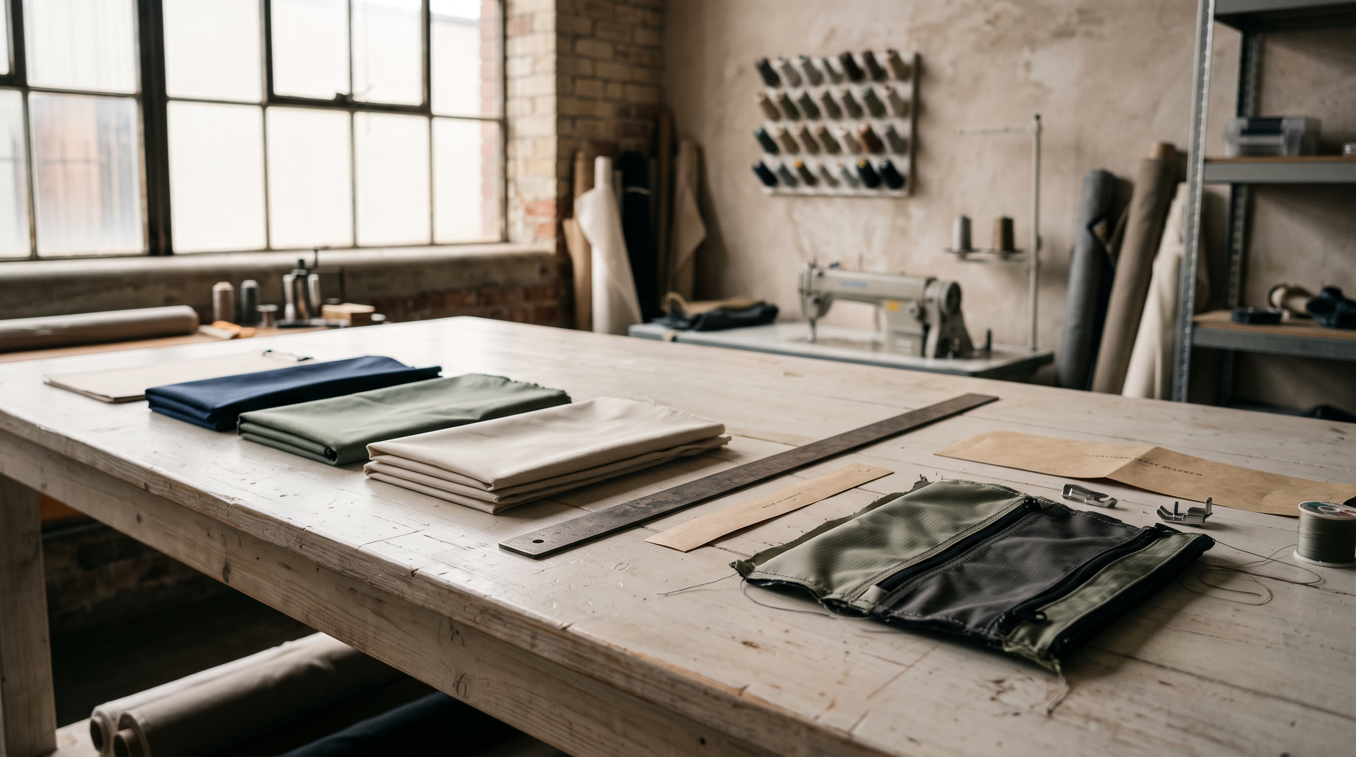 ROOTSMEN development desk — pattern, material swatches and a bag in progress