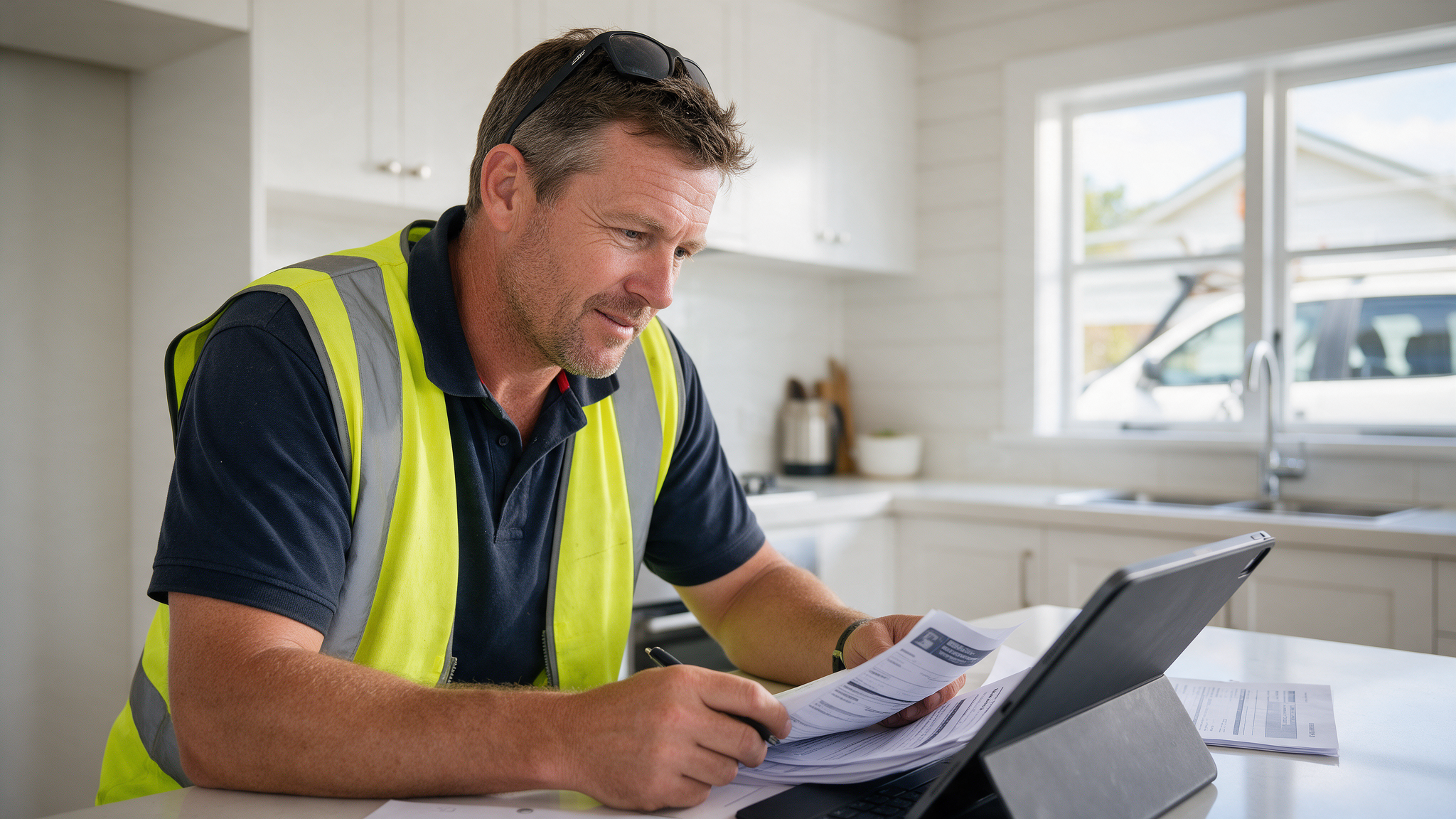 A self-employed New Zealand tradie in his 40s reviewing home loan paperwork at the kitchen bench of a bright weatherboard bungalow