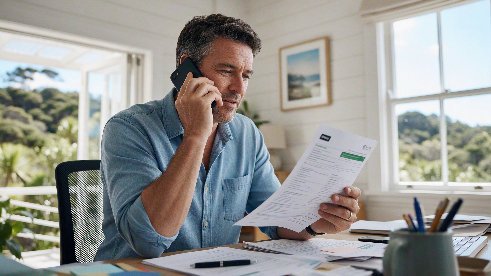 A New Zealand man in his 40s on the phone at his home office desk, reviewing a printed policy, bright weatherboard home, native bush