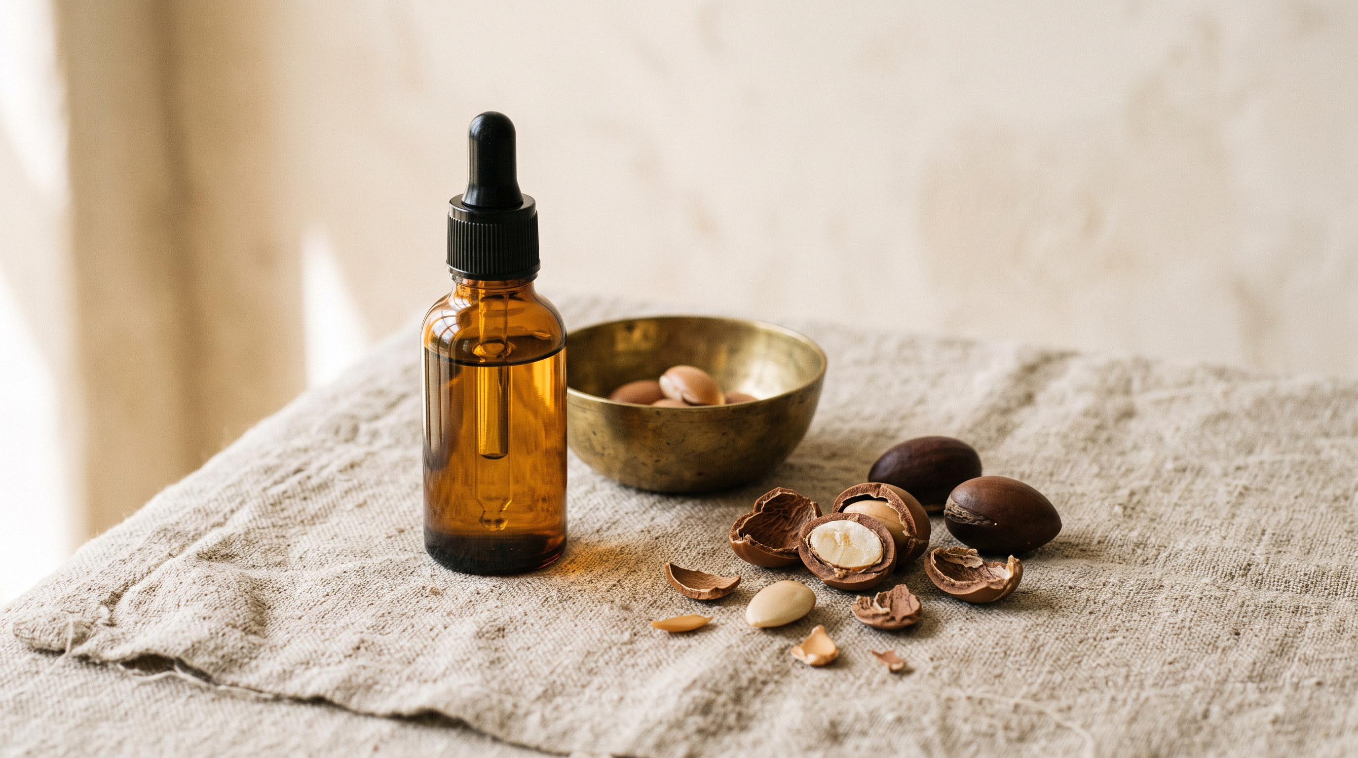 Flacon d'huile d'argan et amandons d'argan