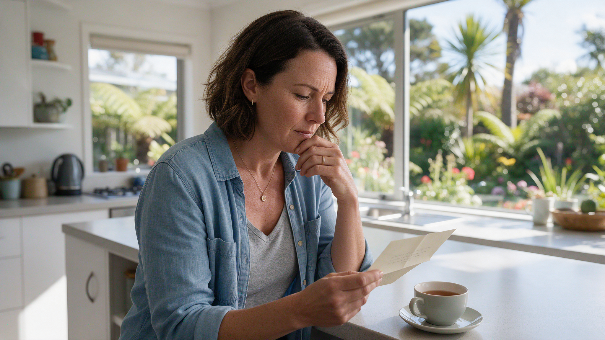 A New Zealand woman in her 40s reading a letter at her kitchen bench with a cup of tea, thoughtful, bright Kiwi home with a native garden