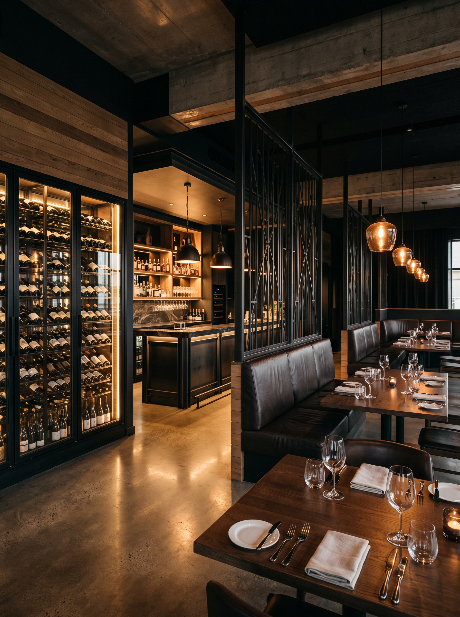 High-end restaurant fitout with a bespoke blackened-steel wine wall, bar and booth screens