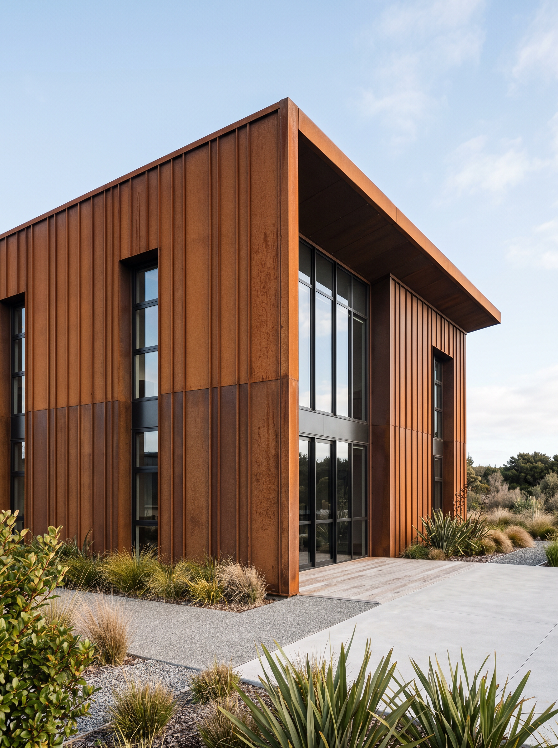 Modern commercial building facade in laser-cut perforated corten steel at dusk