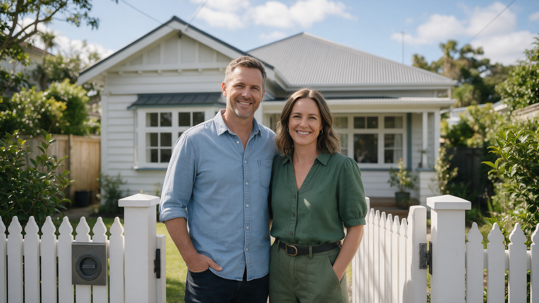 A New Zealand homeowner couple at the front gate of their renovated weatherboard bungalow in a leafy Auckland suburb