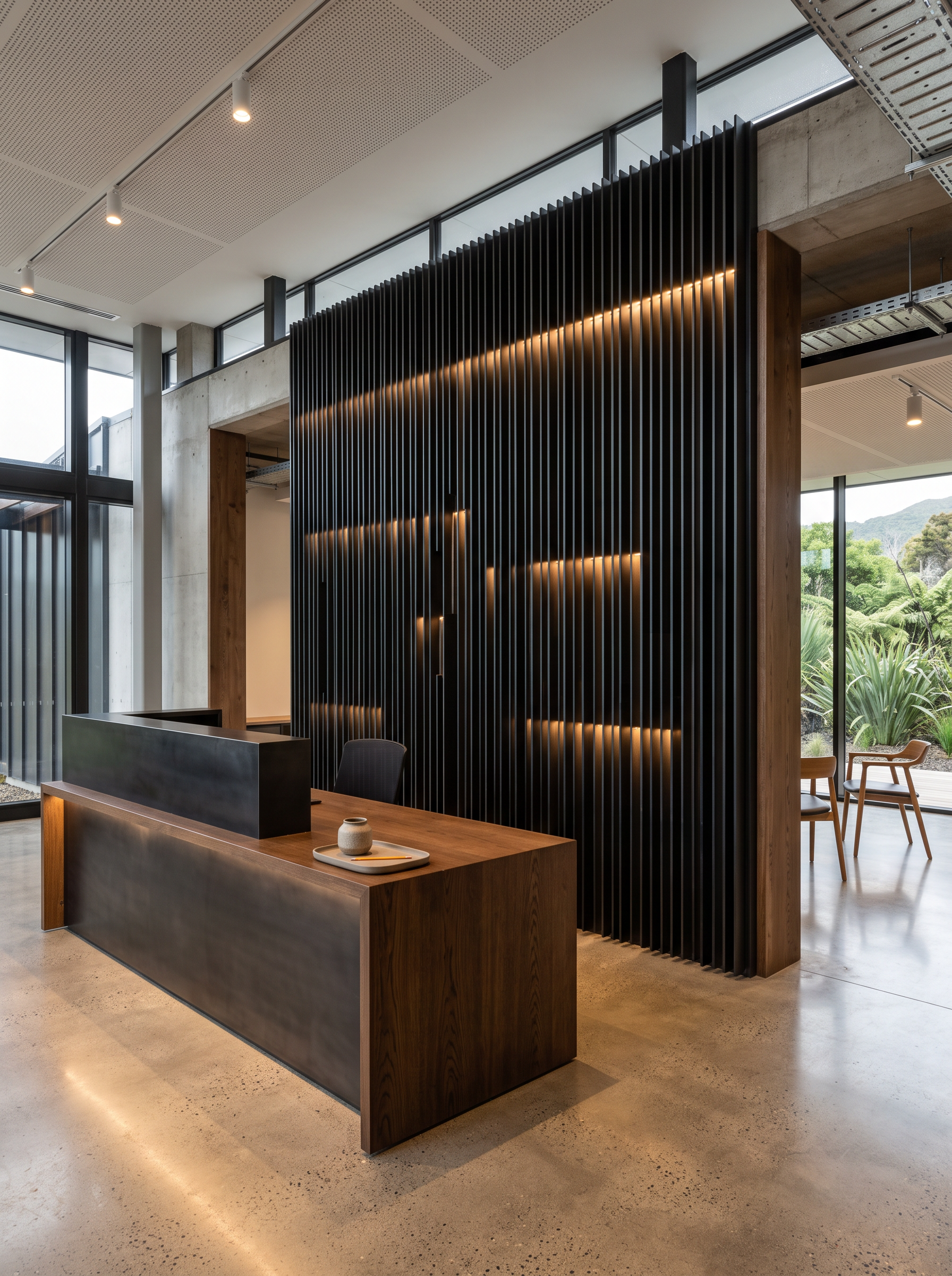 Blackened-steel fluted feature wall behind a steel and timber reception desk in a commercial interior