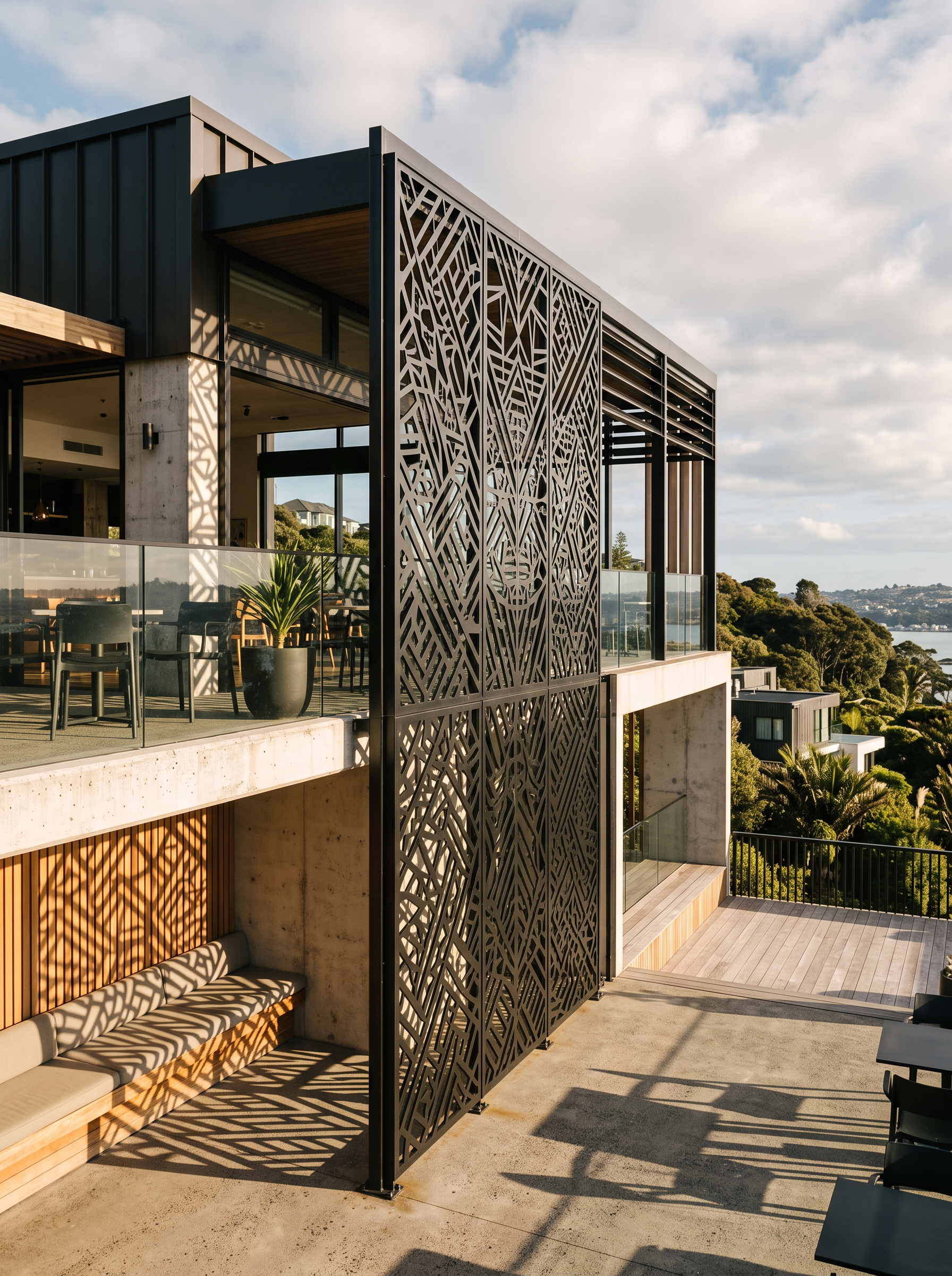 Large laser-cut blackened-steel screen on a commercial building