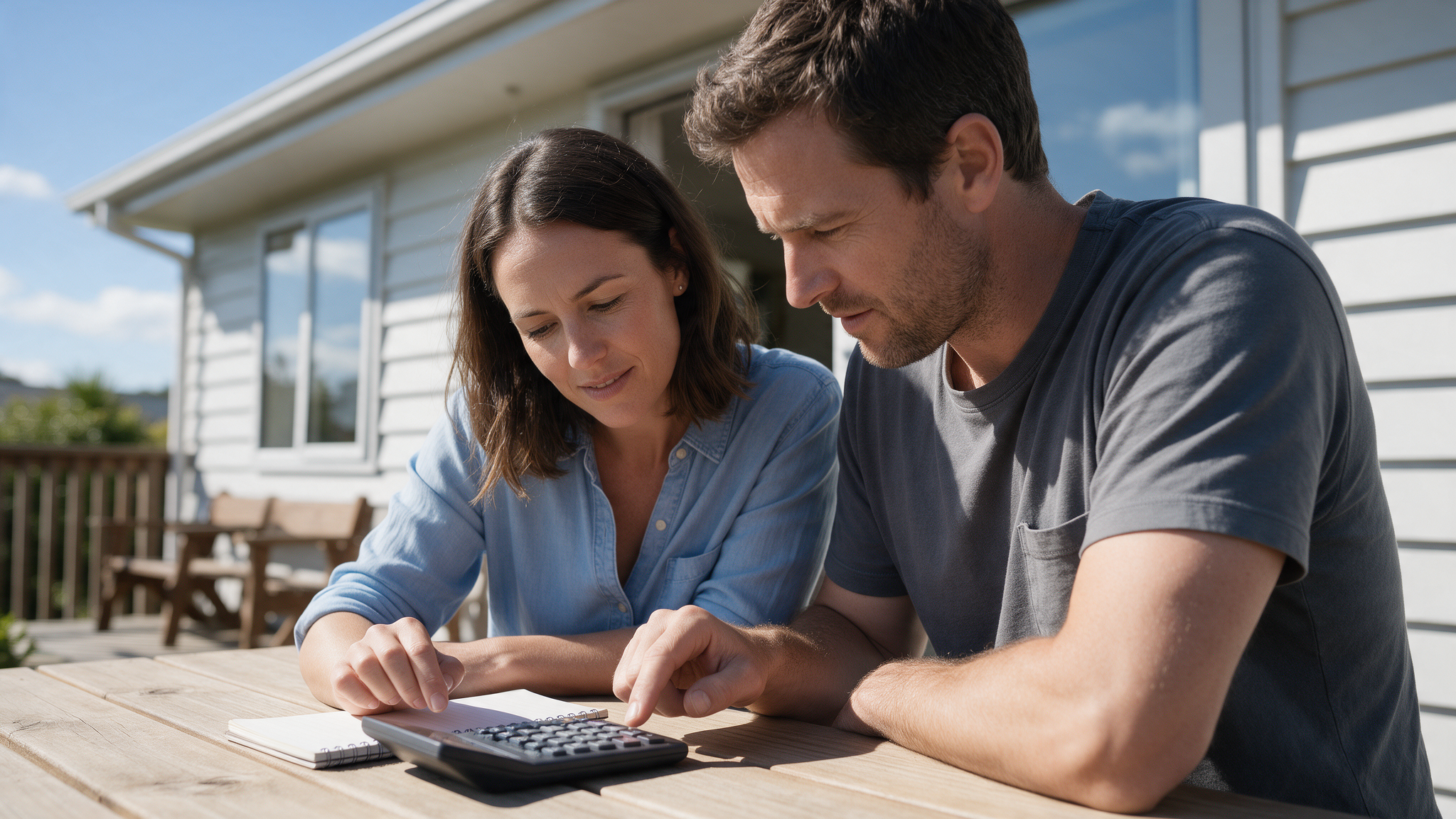 A New Zealand couple in their 30s working through numbers on a calculator and notepad at a timber table on the deck of their weatherboard home
