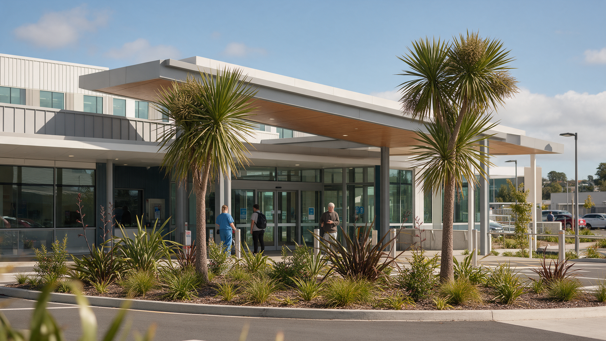 Exterior of a modern New Zealand public hospital entrance on a sunny day, native plantings and cabbage trees out front, no signage visible