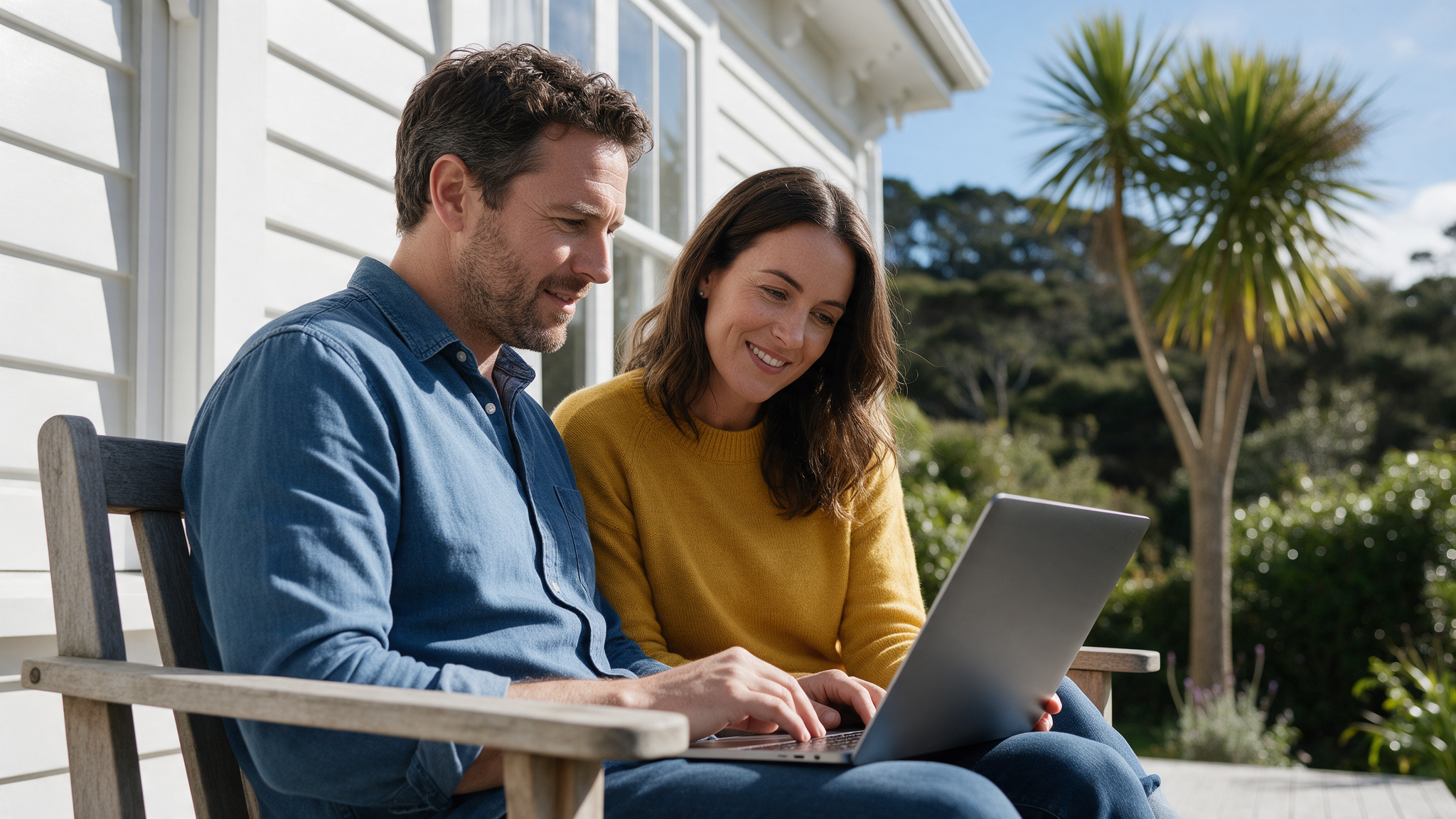 A New Zealand couple in their 30s sitting on the deck of a white weatherboard villa in Auckland, looking at a laptop