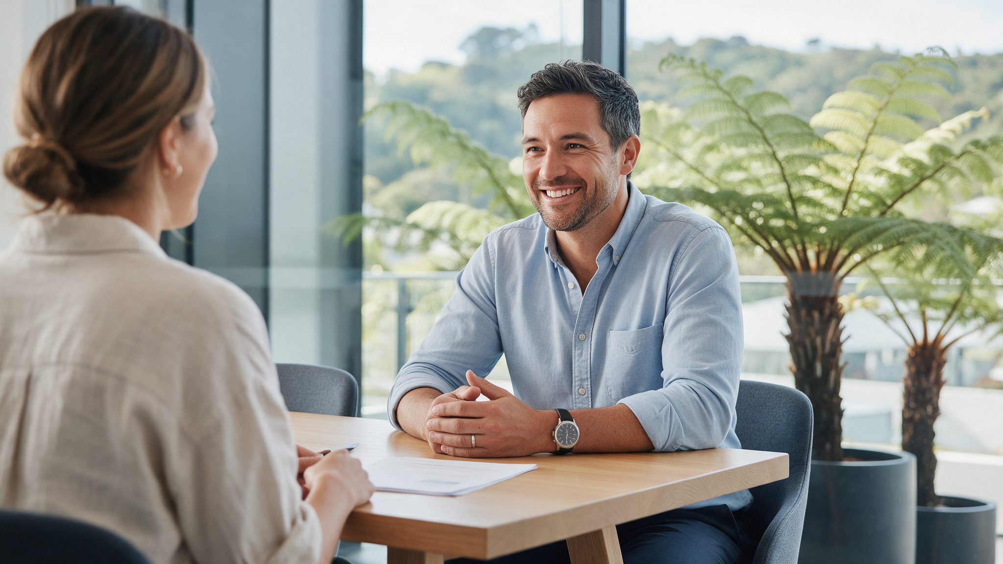 A New Zealand financial adviser meeting a client at a light oak table in a bright Auckland office with ponga ferns outside