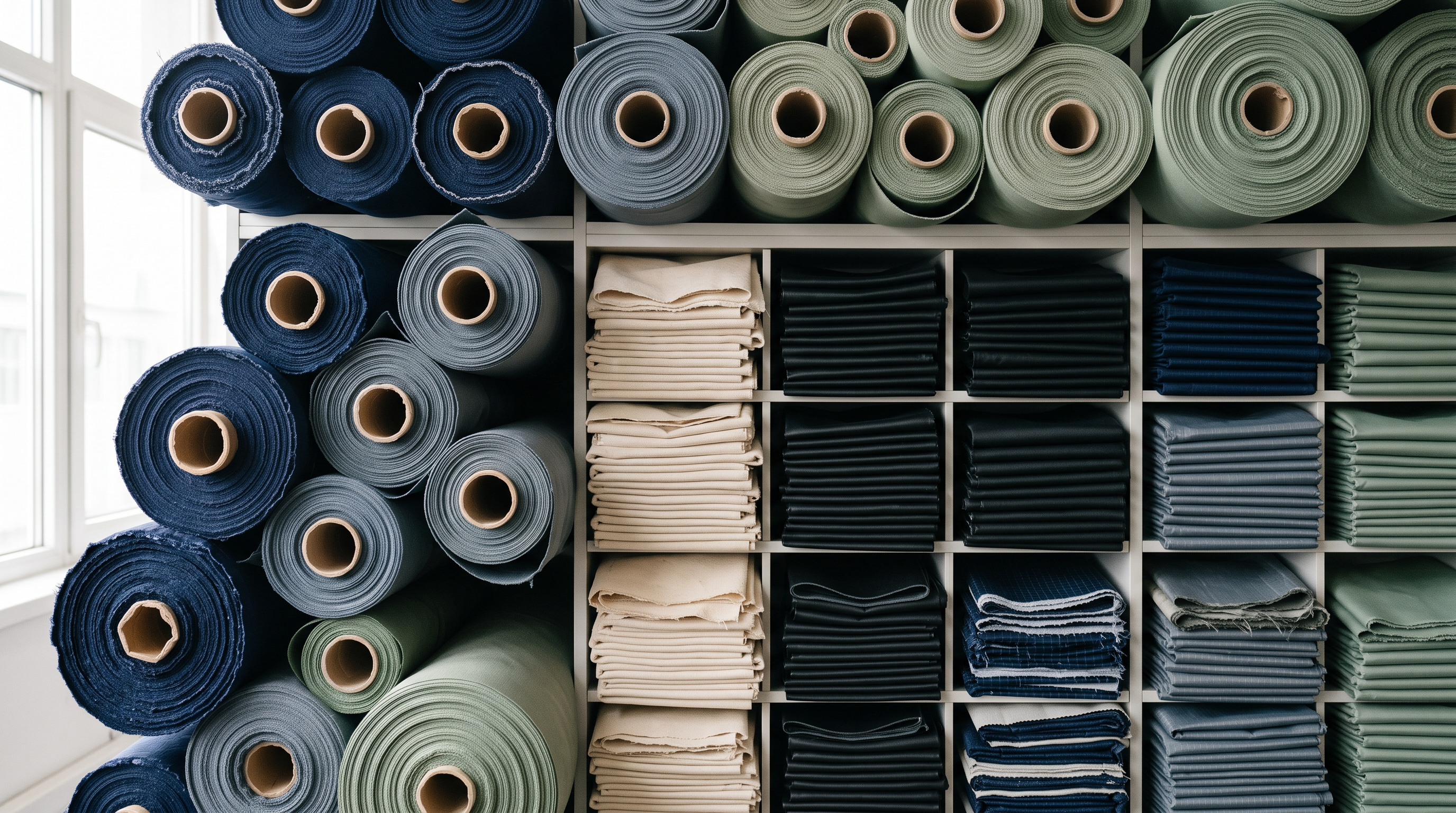 素材 swatches across the ROOTSMEN range — canvas, nylon, RPET and PU