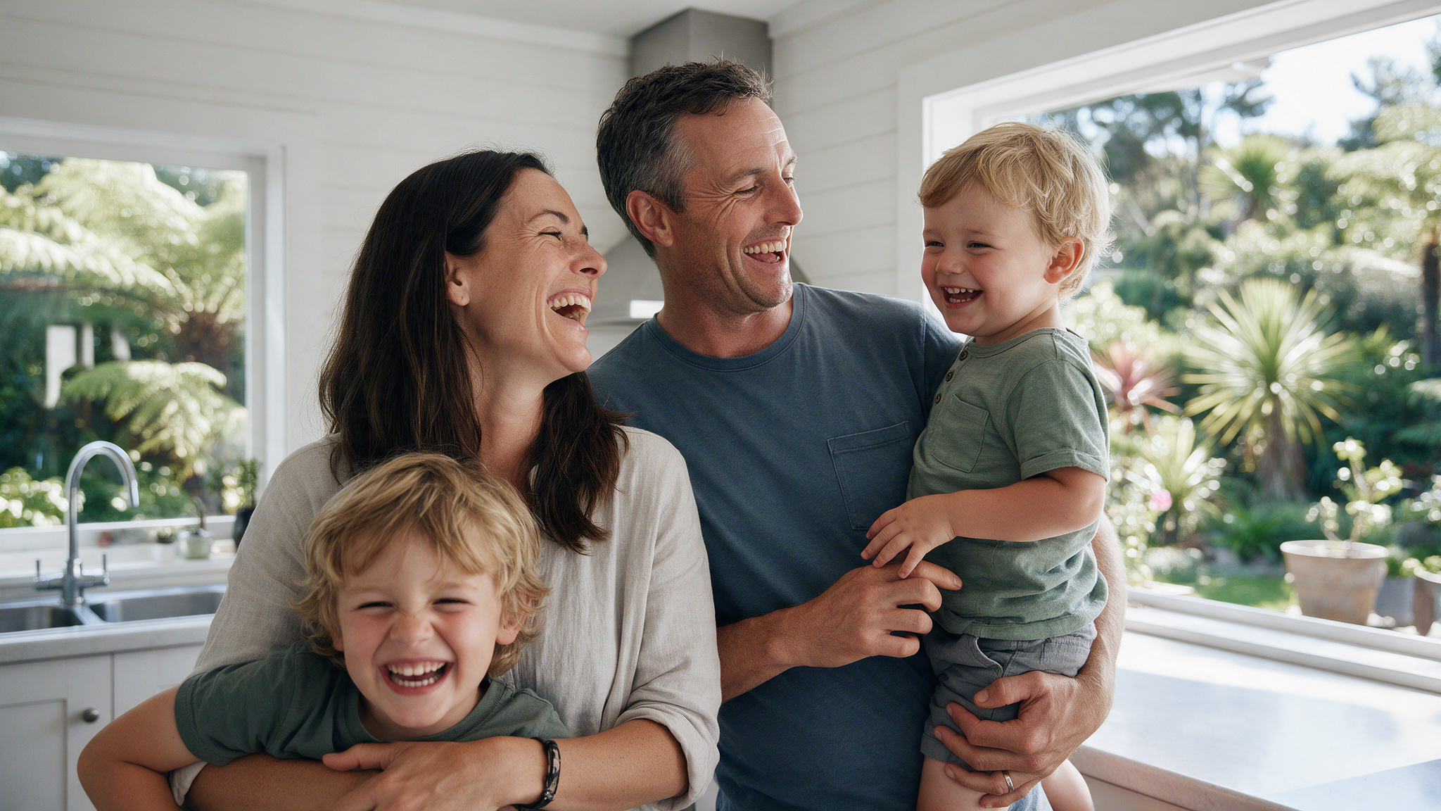 A New Zealand family of four laughing together in the kitchen of a bright weatherboard home, morning light, native garden through the window